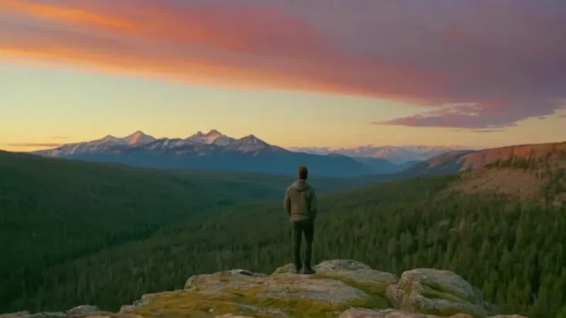Hombre contempla el atardecer desde la cumbre