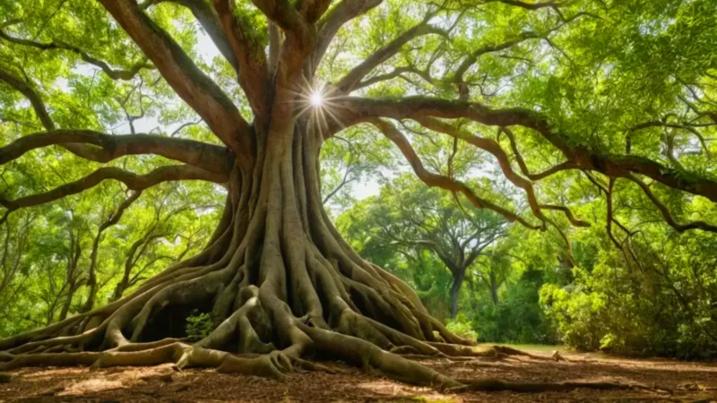 Un hombre poda un inmenso árbol