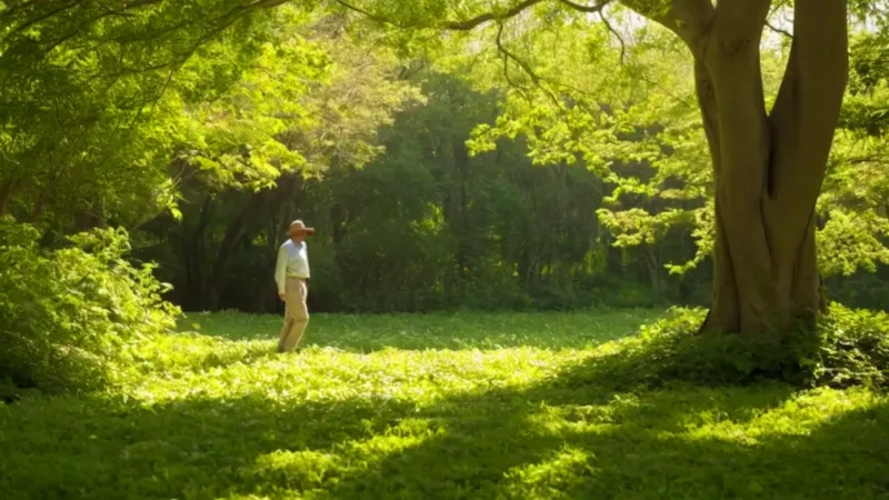 Una figura entre árboles con luz filtrada