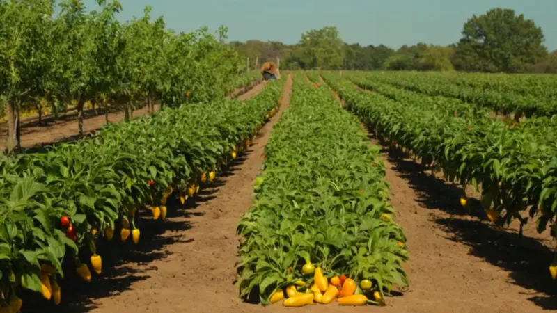 Persona cuida un cultivo de habaneros