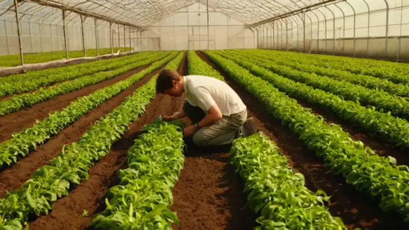Persona examina plantas en un invernadero