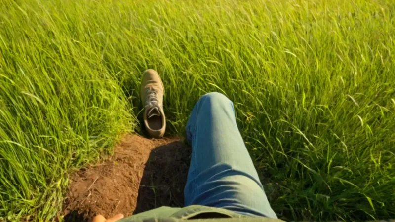 Alguien observa una planta en el campo