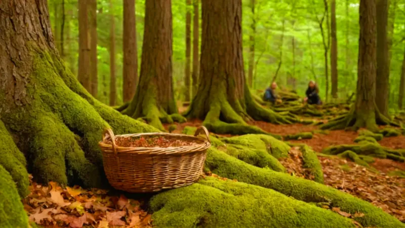 Alguien recoge setas en el bosque