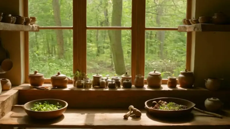 Persona preparando hongos en cocina rústica