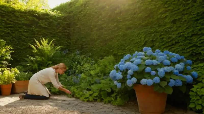 Mujer cuidando hortensias en un patio soleado