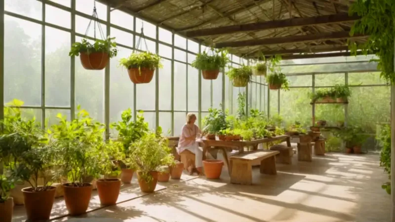 Alguien cuida plantas en el invernadero