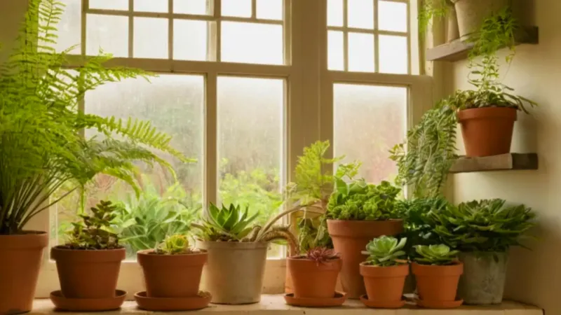 Persona cuidando plantas en un invernadero luminoso