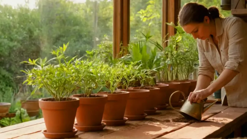 Trasplantando una planta en un invernadero luminoso