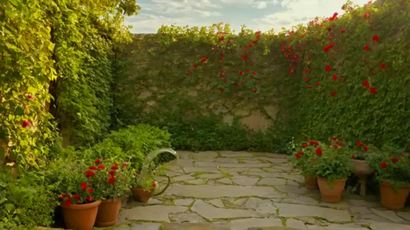 Una persona riega flores en el jardín