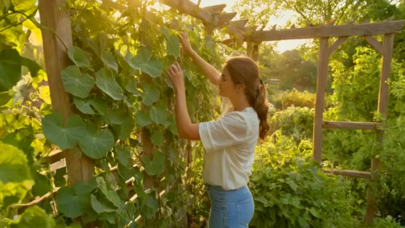 Una mujer cuida su jardín soleado