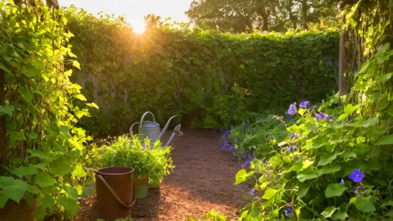 Una persona cuida su jardín al atardecer