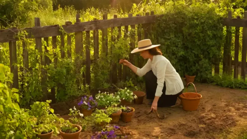 Persona cuidando un jardín al atardecer