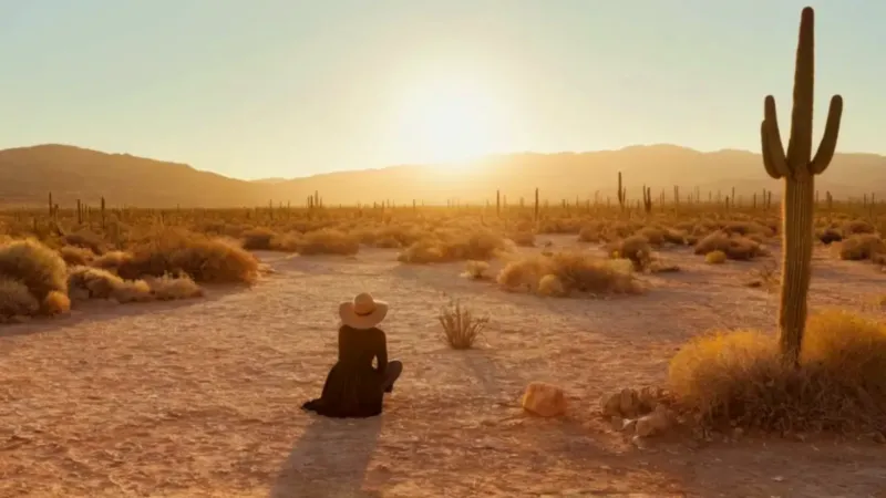 Atardecer desértico con una figura y cactus