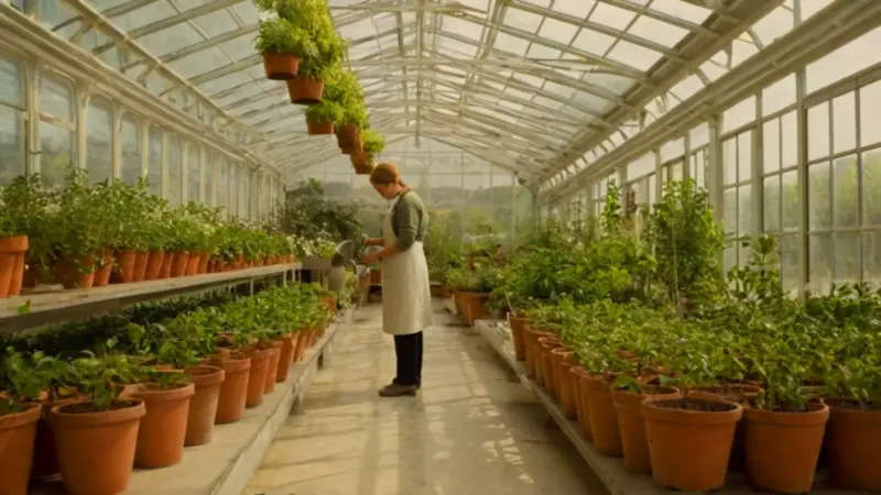 Persona regando plantas dentro de un invernadero