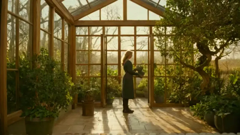 Una persona cuida plantas en un invernadero