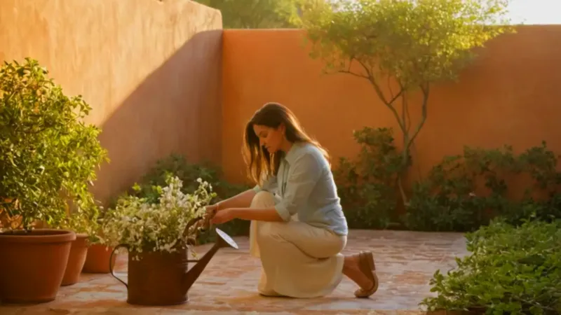 Mujer regando su jardín al atardecer
