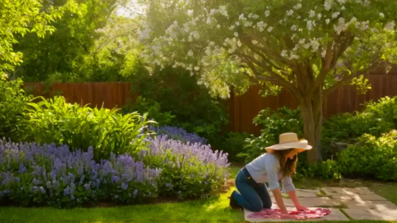 Una mujer cuida un arbusto florecido