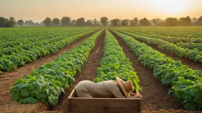 Un agricultor cosecha jícamas en el campo