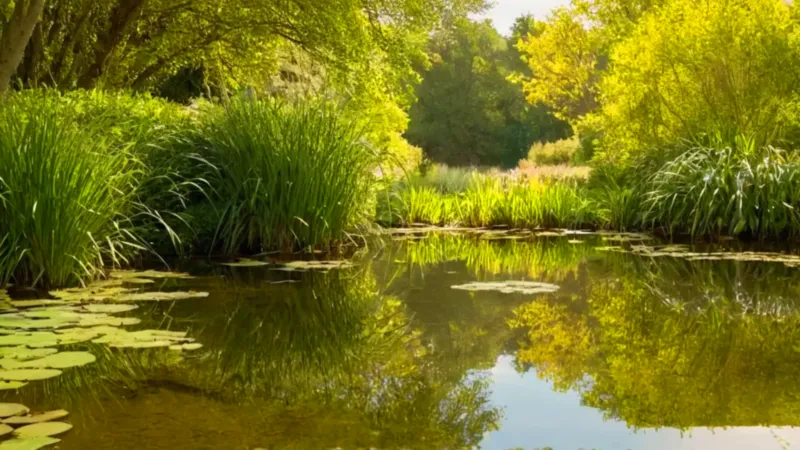 Alguien poda juncos en un estanque