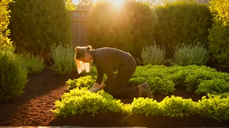 Una persona planta un arbusto al atardecer