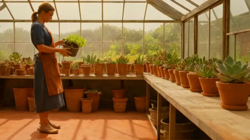 Persona cuidando plantas en un invernadero