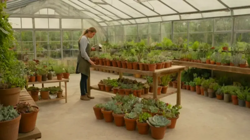 Un jardinero trabaja en un invernadero luminoso