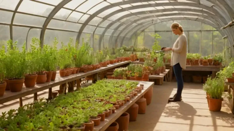 Una persona cuida plantas en un invernadero