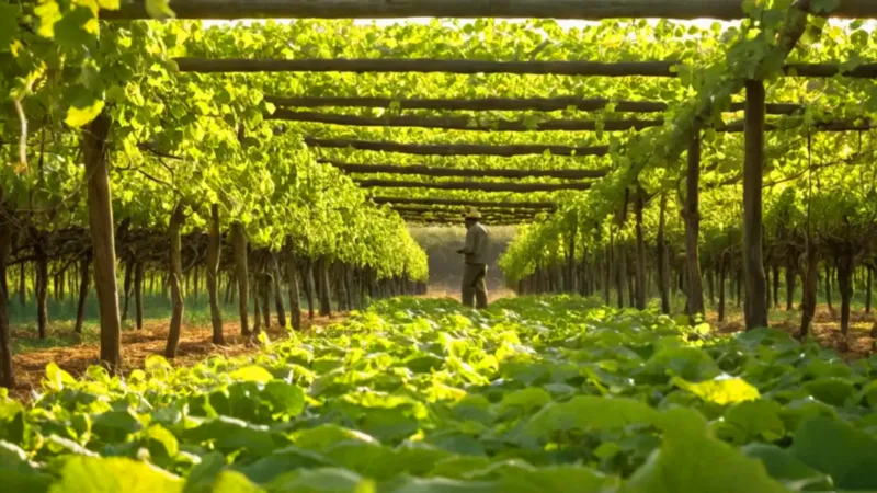 Un trabajador inspecciona kiwis en el huerto
