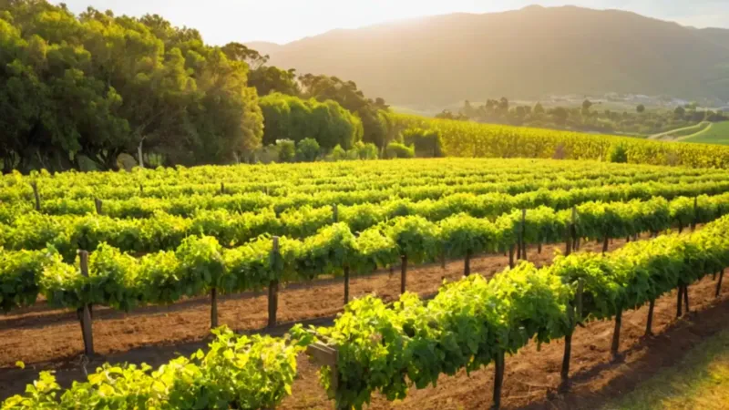 Agricultor inspecciona kiwis en el atardecer