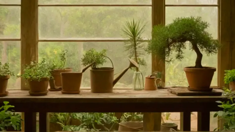 Alguien cuida un bonsái en un invernadero