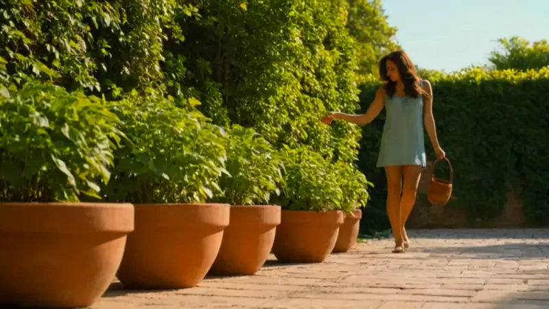 Mujer cuida sus plantas bajo el sol