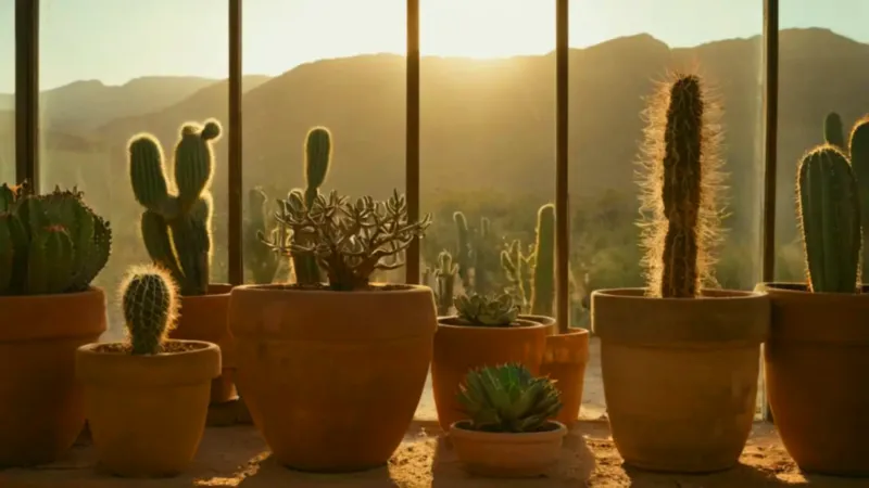 Hombre cuidando una planta en invernadero soleado