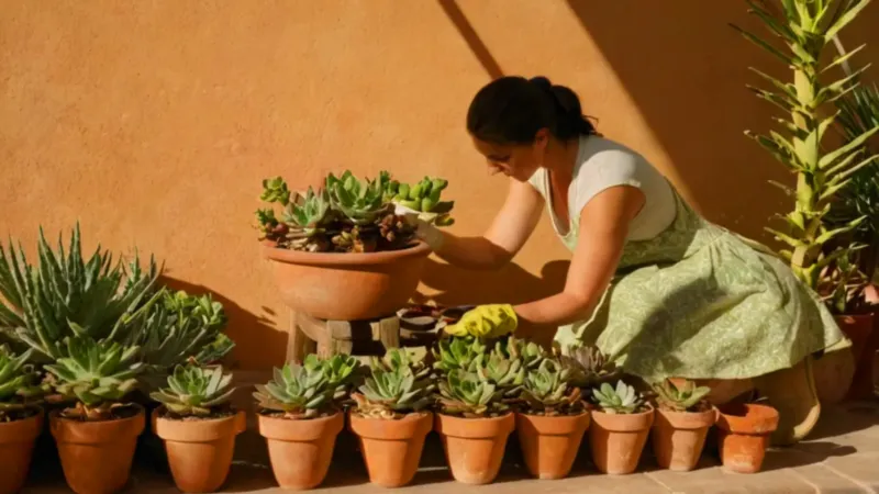 Persona cuidando su planta al sol
