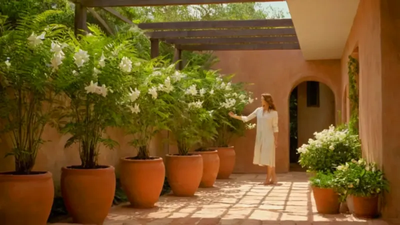 Mujer en un jardín de luz y sombra