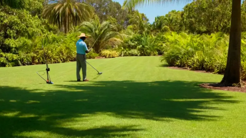 Jardinero podando una palmera gigante