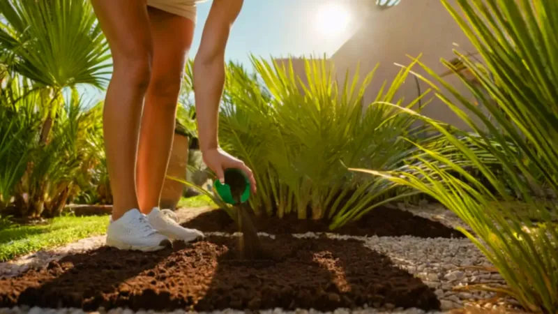 Alguien cuida una joven palmera