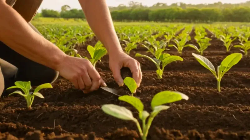 Una persona planta un brote en el campo