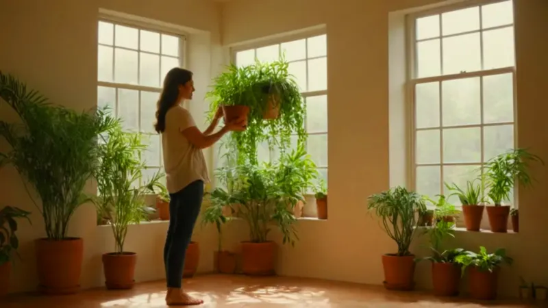 Mujer en calma entre plantas y luz