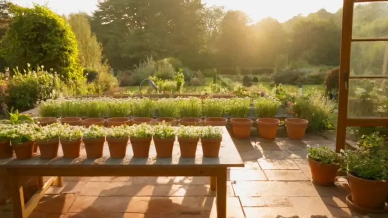 Un jardinero en un invernadero soleado