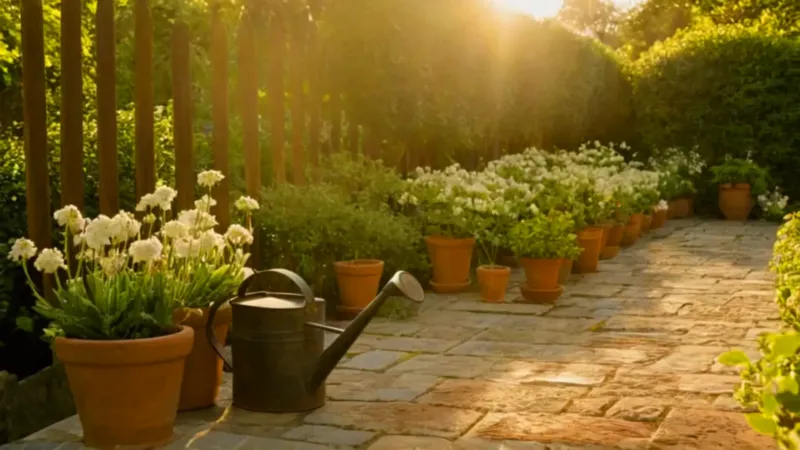 Alguien cuida un jardín al atardecer