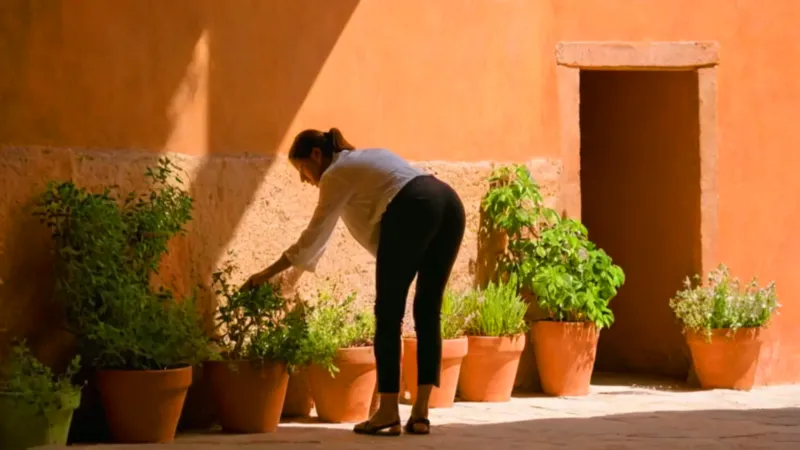 Mujer cuida una planta en la sombra