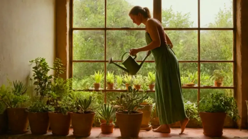 Alguien riega plantas en un invernadero