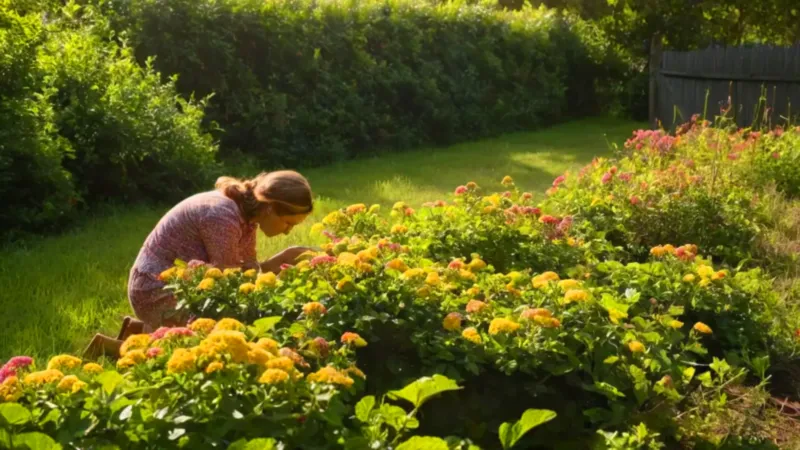 Alguien observa una lantana en el jardín