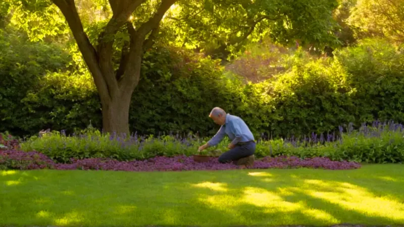 Una persona atiende su jardín florido