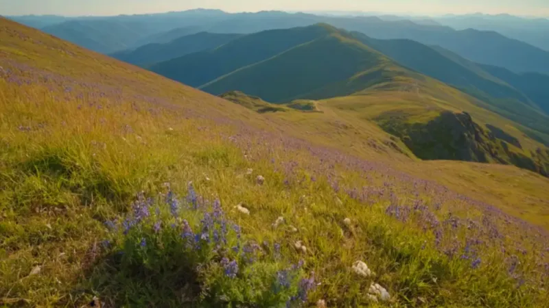 Persona contempla flores en la montaña