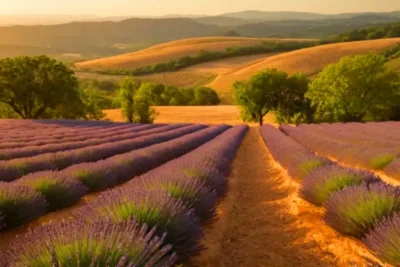 Atardecer dorado sobre un campo de lavanda