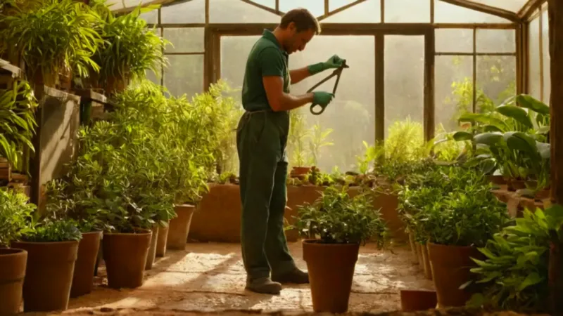 Alguien cuida una planta en el invernadero