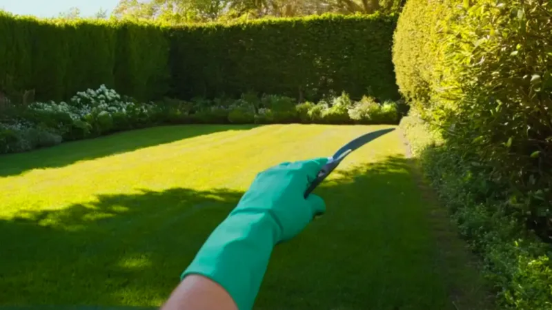 Una persona poda un seto al sol