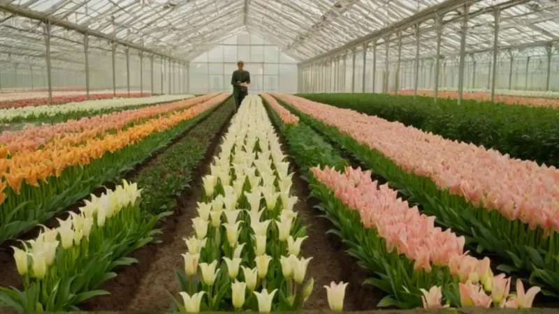 Una persona cuida lirios en un invernadero