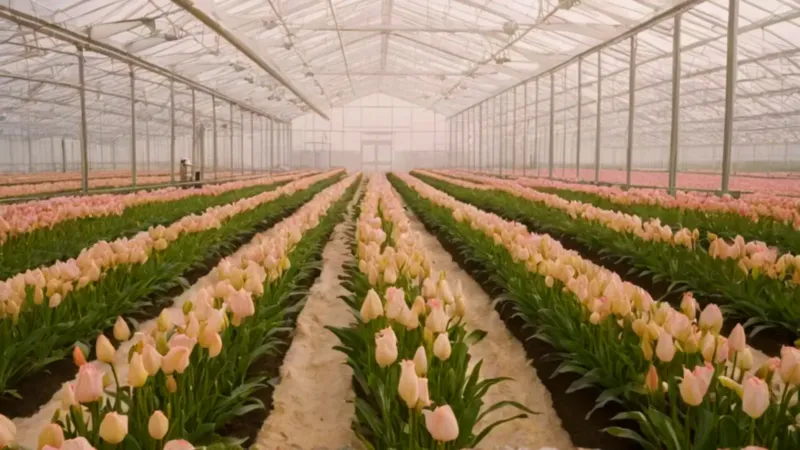 Hileras infinitas de lirios en un invernadero